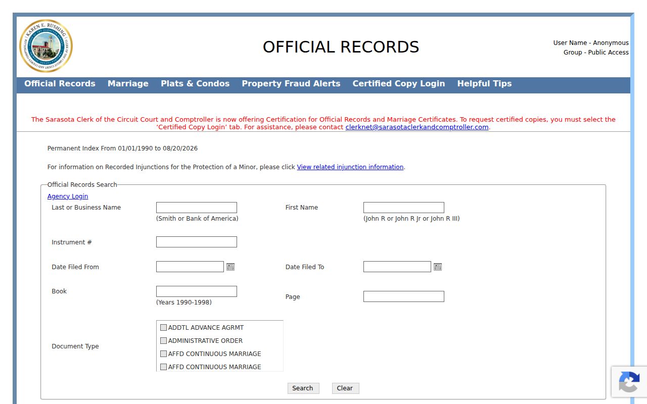 Venice resident directory Sarasota Official Records name search