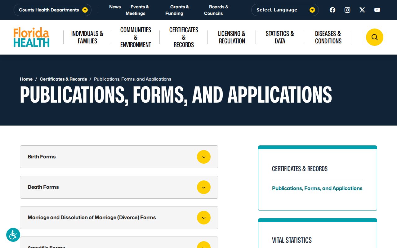 Venice previous residents Florida vital records application list