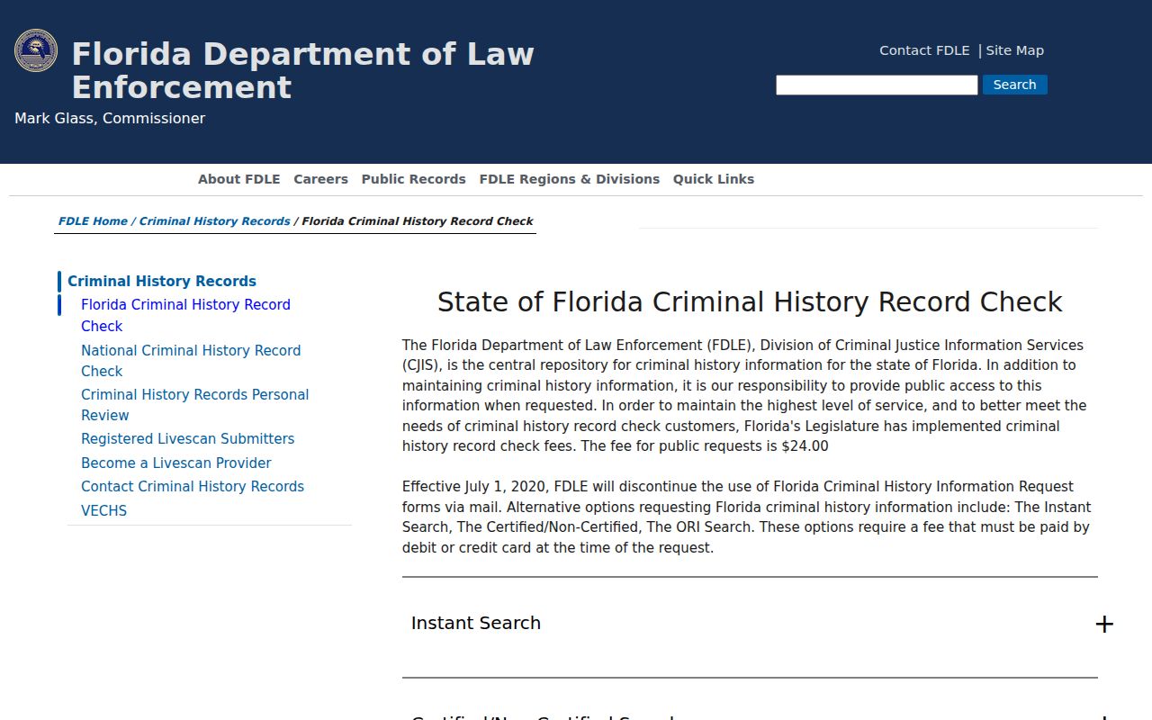 FDLE official Florida criminal history search options for resident verification