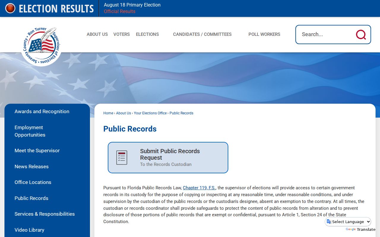 Sarasota Elections public records page for lawful voter geography requests